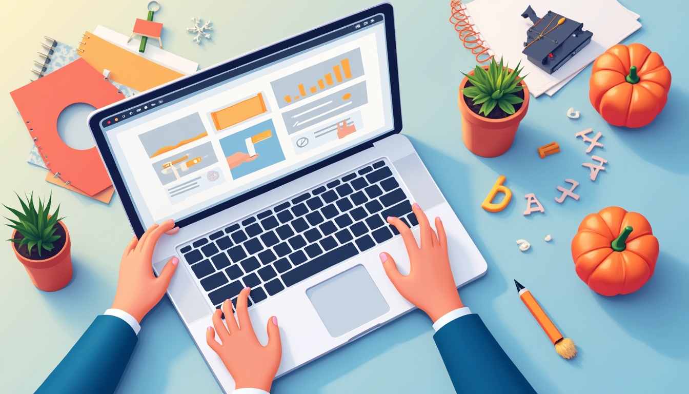 Ilustrație cu un computer care arată procesul de creare site web WordPress