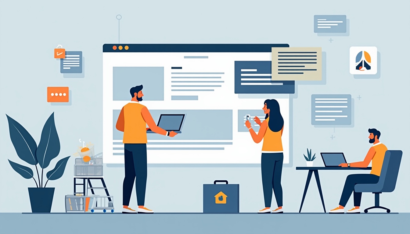 Ilustrație pentru crearea paginii web perfecte, cu elemente de design și cod.