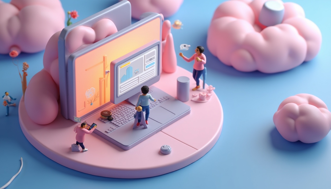 Ilustrație cu procesul de crearea unui site web profesional, reprezentând etape de design, codare și lansare.