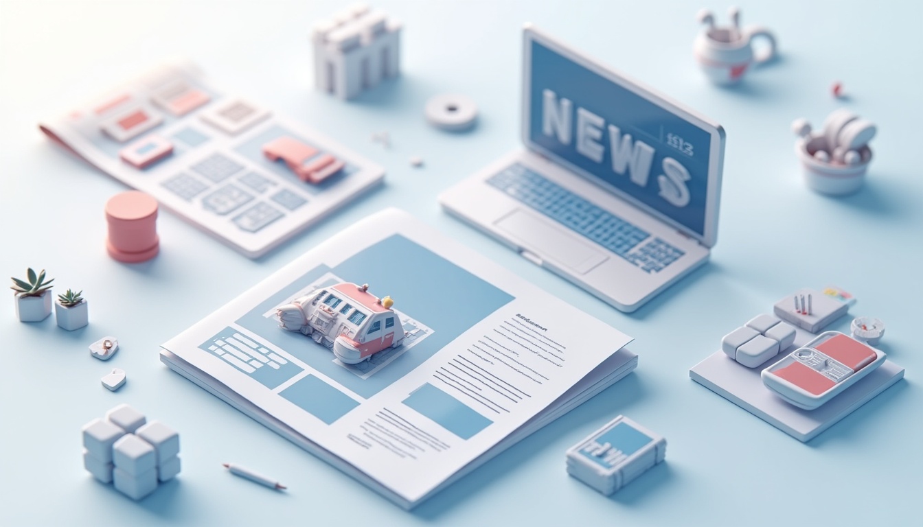 Ilustrație cu elemente de știri și un site web, reprezentând ghidul de creare site stiri.